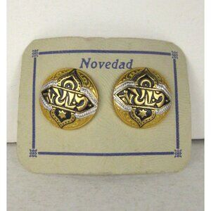Calligraphy Earrings CLIP ON Goldtone Vintage 1950 Estate Enamel Button